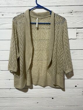 Leo & Nicole Beige Open-Front Eyelet Knit Cardigan